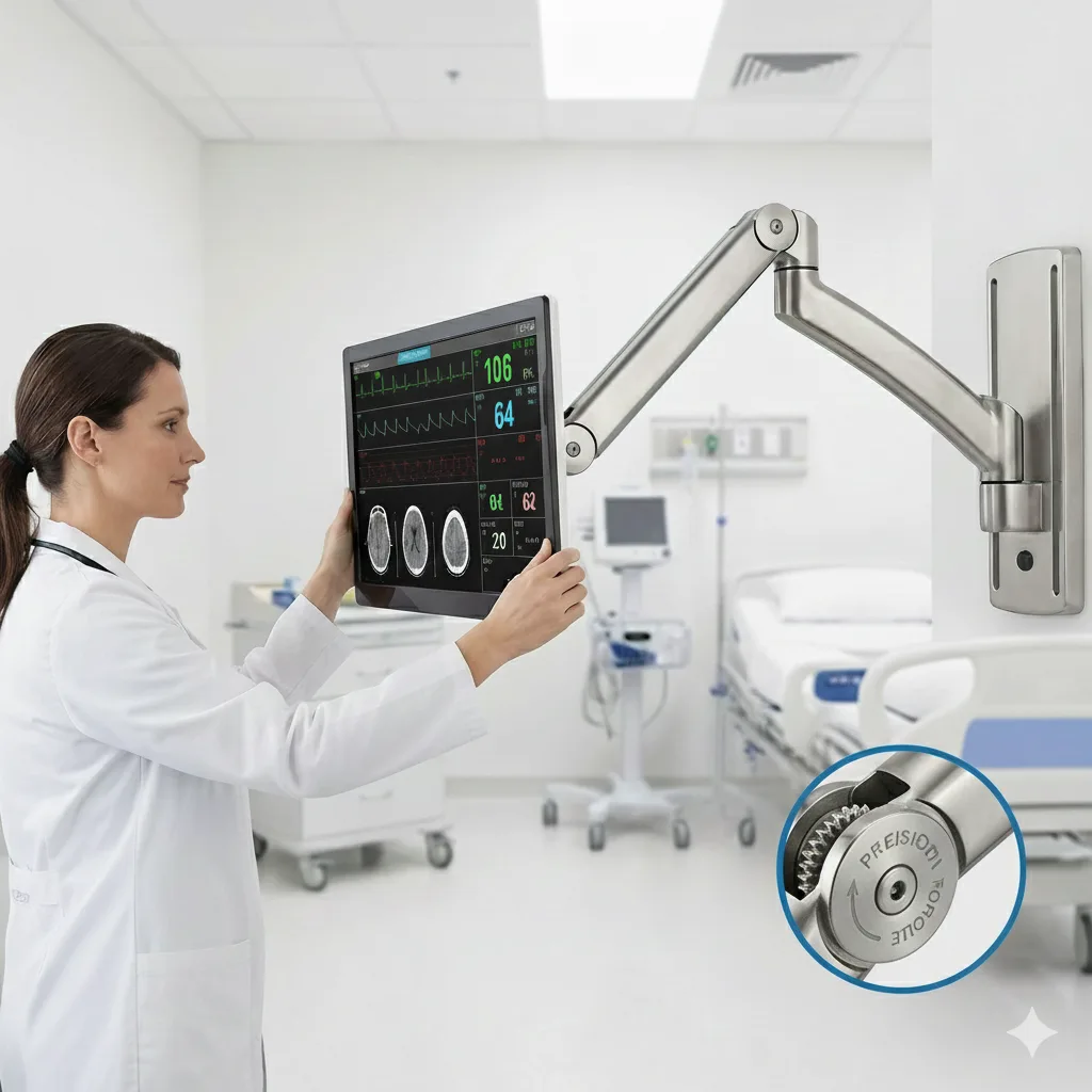Full Guide to Friction Hinges: Mastering Position Control, Torque Selection, and Supplier Evaluation 5 Friction hinges in medical monitor arms — diagnostic display positioning in hospital