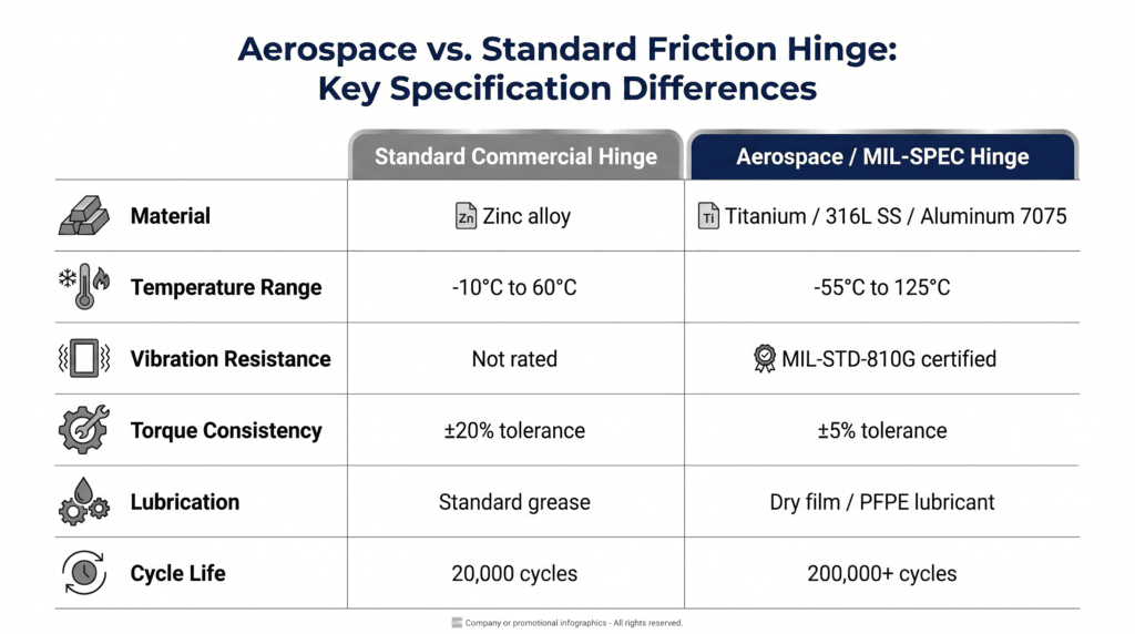 Friction Hinges in Aerospace & Defense: When a Hinge Failure Is Not an Option 3 aerospace hinge spec comparison