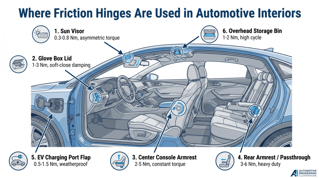 Friction Hinges in Automotive Interiors: The Hidden Component Behind Every Premium Feel 2 automotive friction hinge locations 1