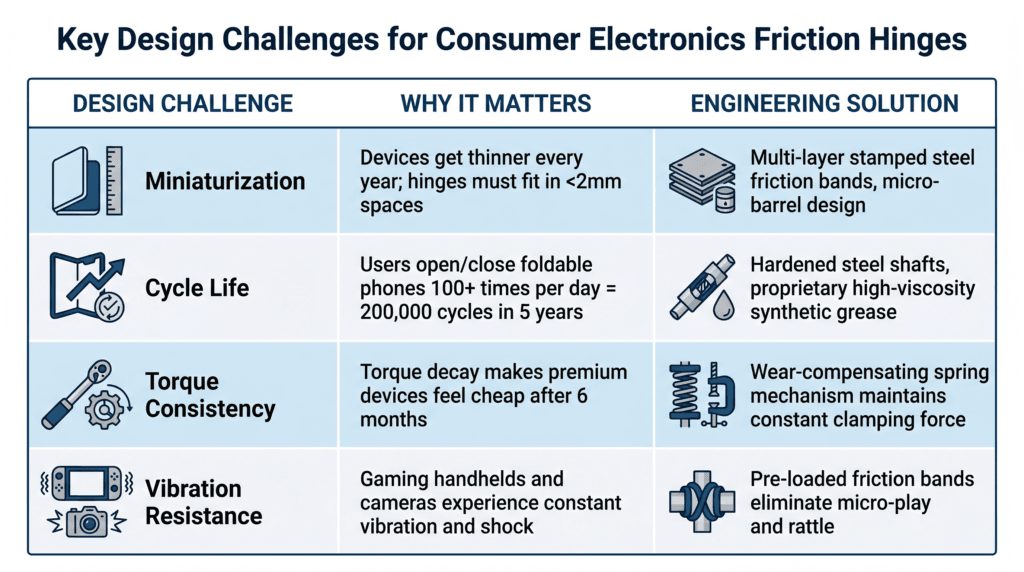 Beyond Laptops: How Friction Hinges Are Reshaping the Next Generation of Consumer Electronics 3 consumer electronics hinge design challenges
